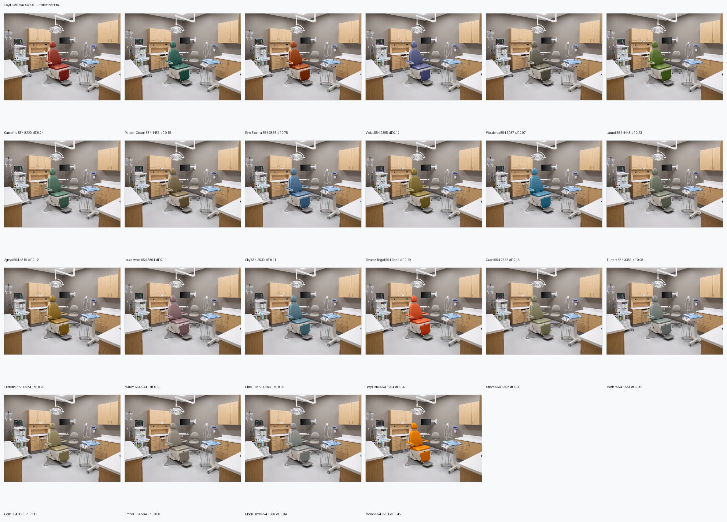 A contact sheet of one generated operatory in every colorway, each frame labelled with its Ultraleather number and measured color difference