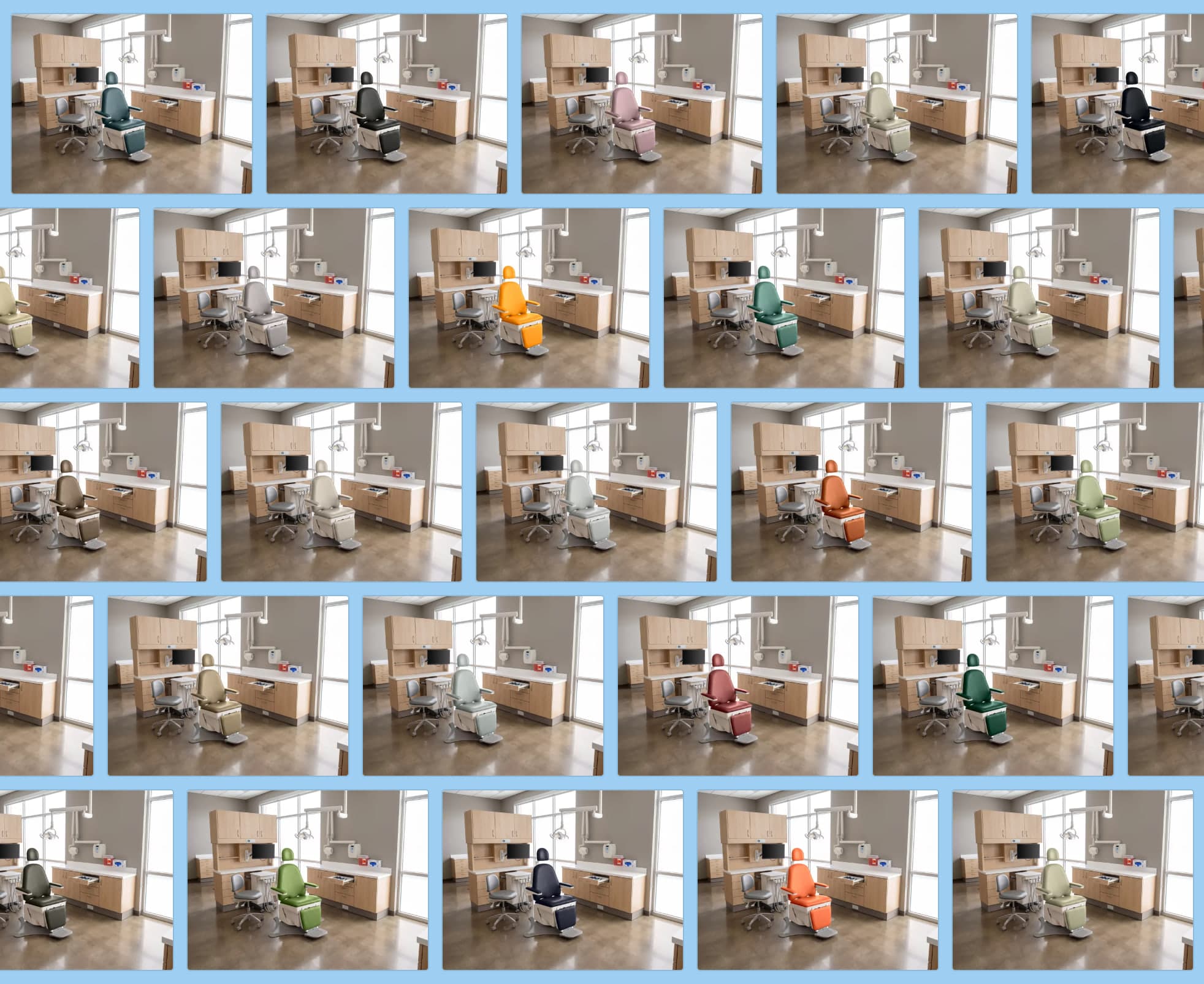 The finished catalog set: the same operatory delivered across the full range of upholstery colorways