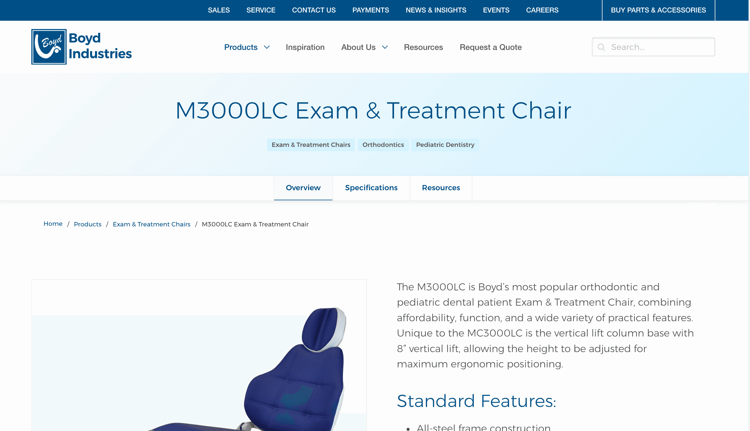 Exam and treatment chair product page built on the new CMS