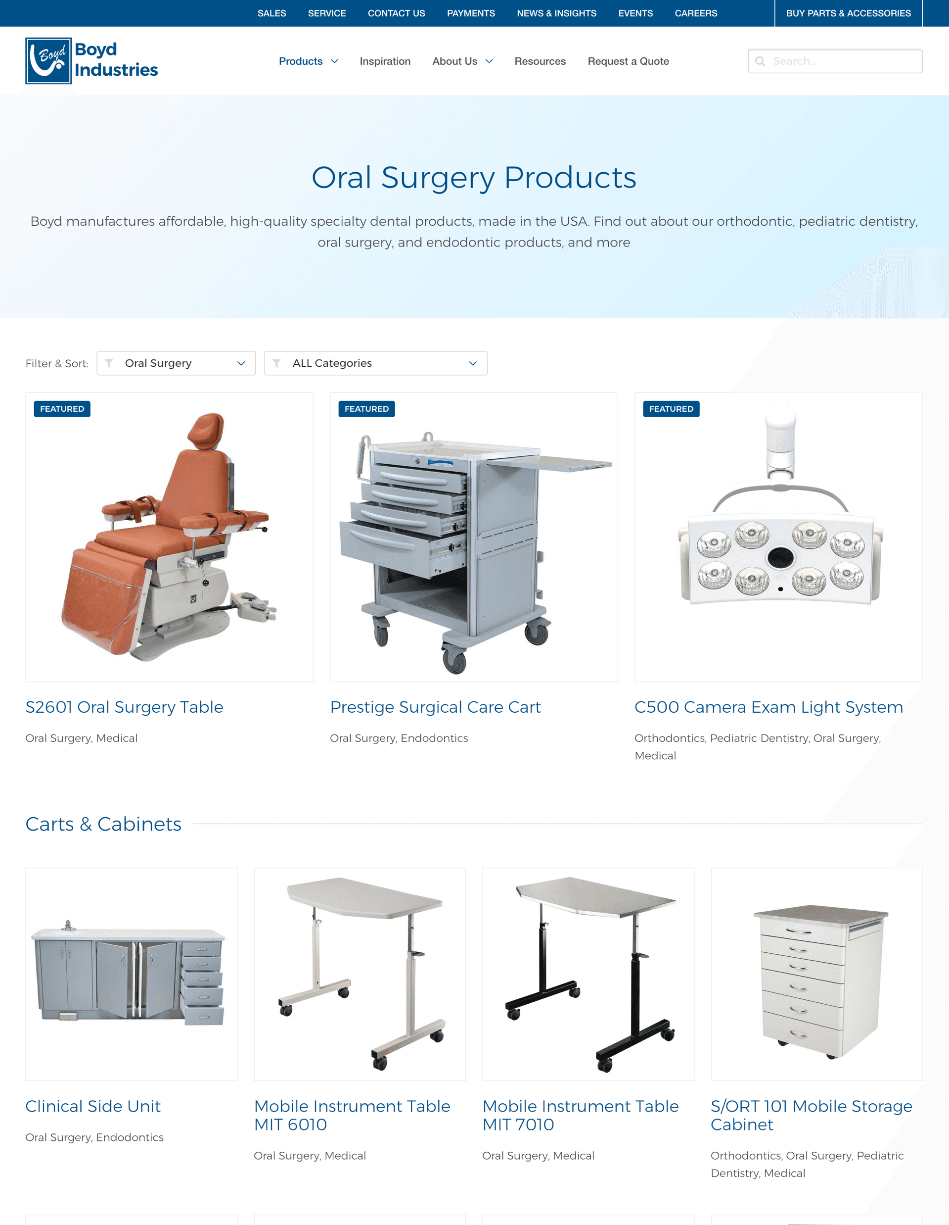 Boyd oral surgery products category page listing treatment tables, carts, and cabinets