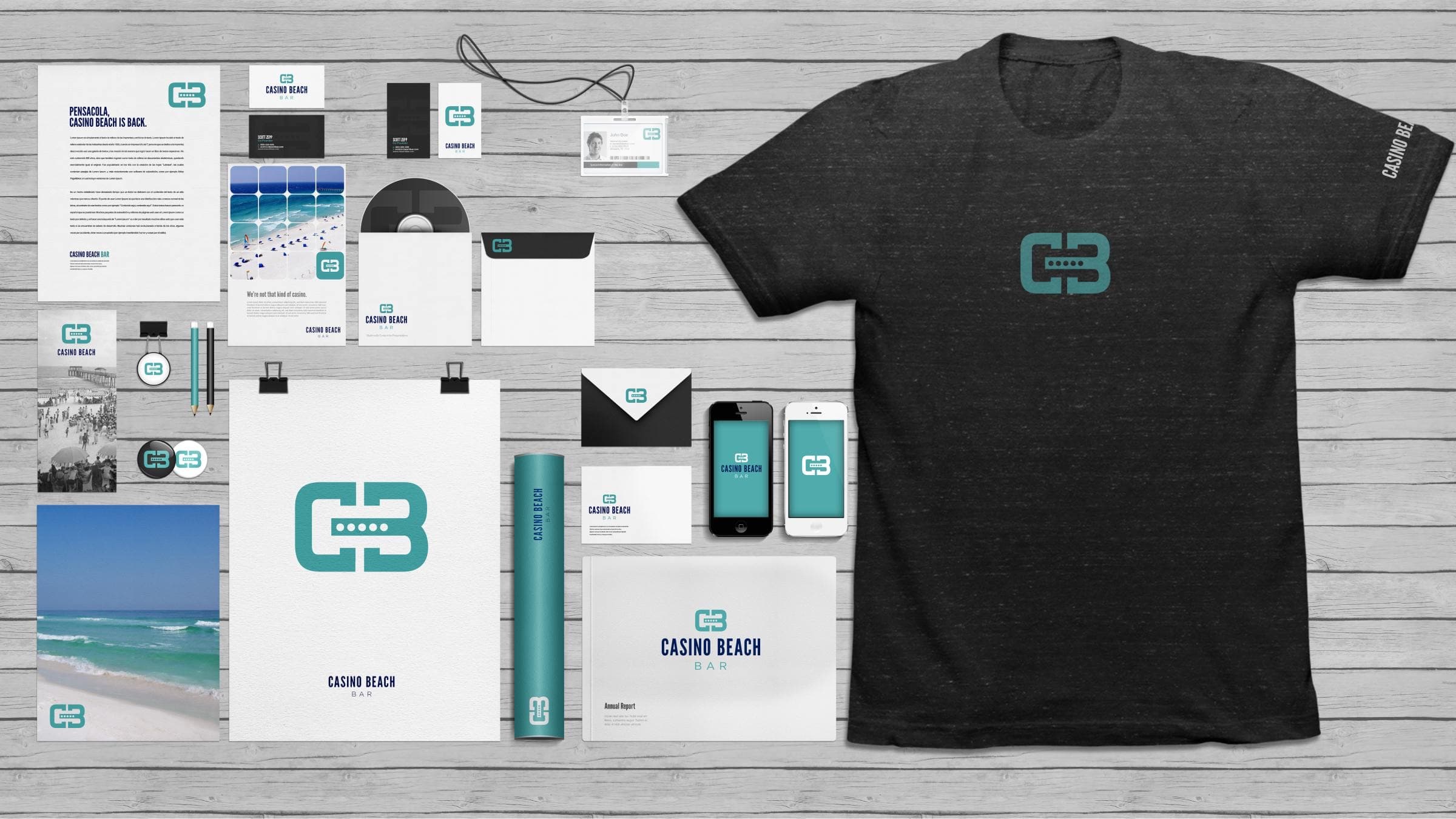 The Casino Beach Bar & Grille identity across a kit of applications: stationery, business cards, signage, a poster, apparel, and more