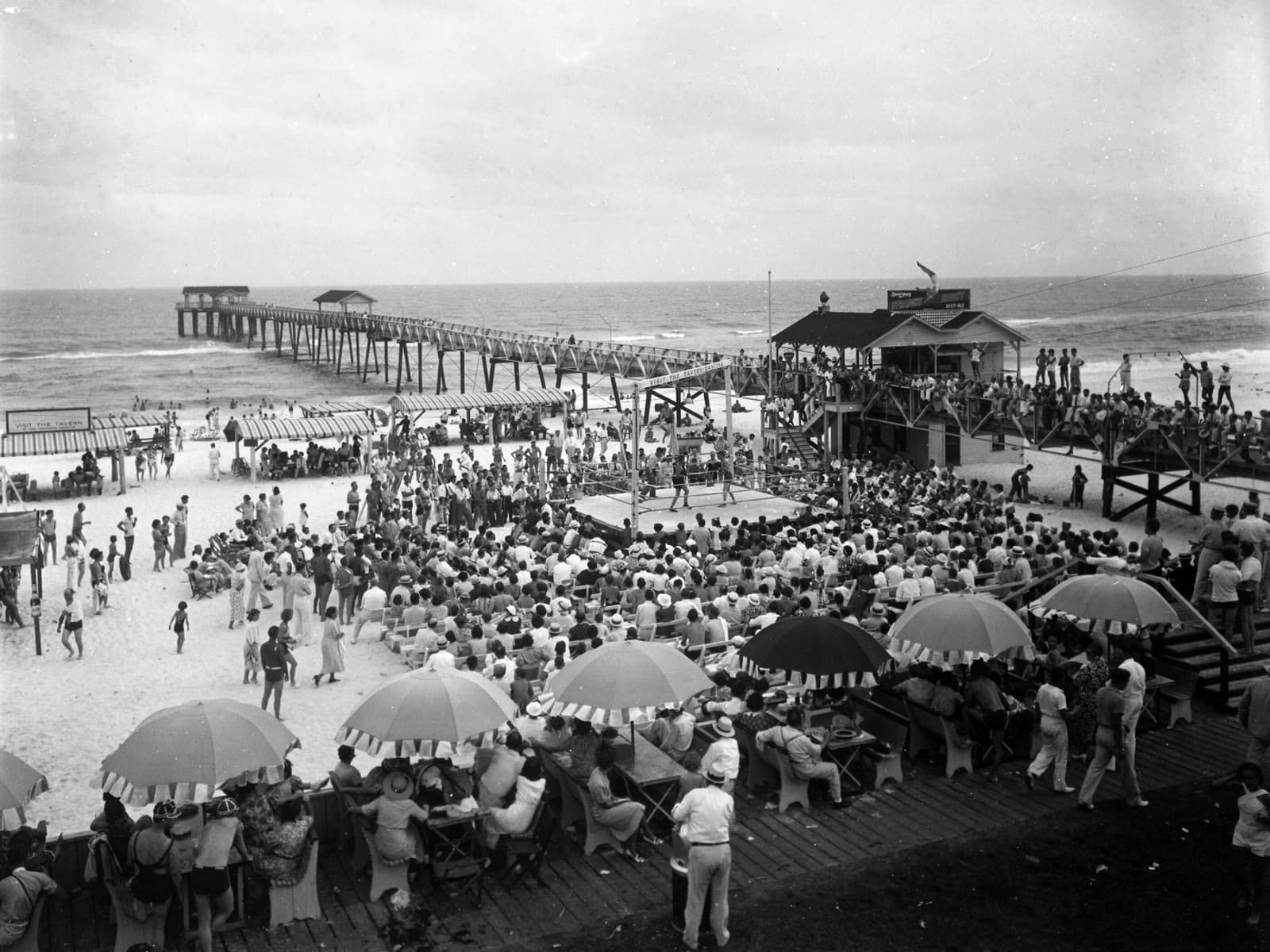 Historic view along the Pensacola Beach shoreline toward the pier