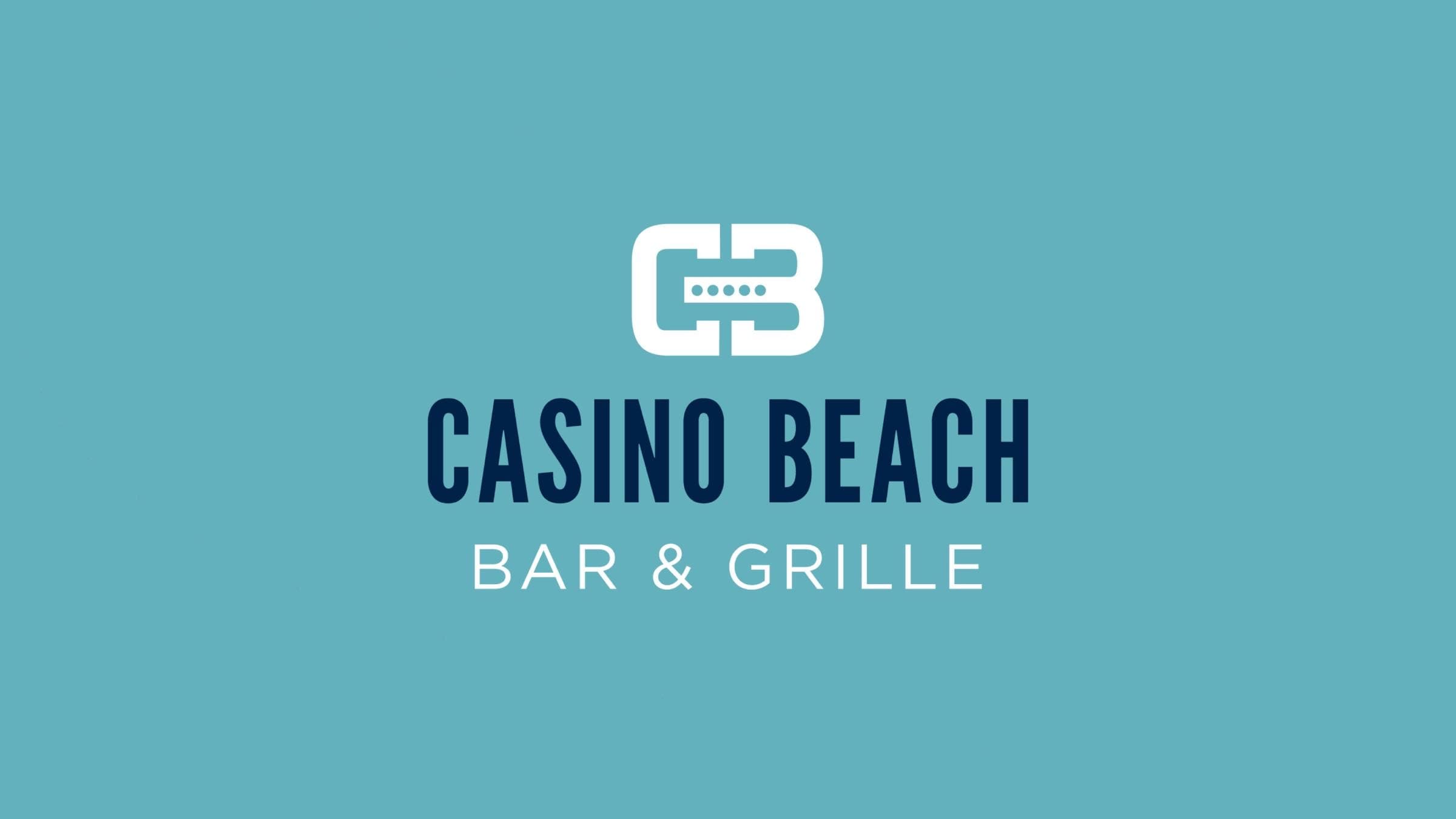 The Casino Beach Bar & Grille brand lockup: the CB mark above the wordmark in navy and white on aqua