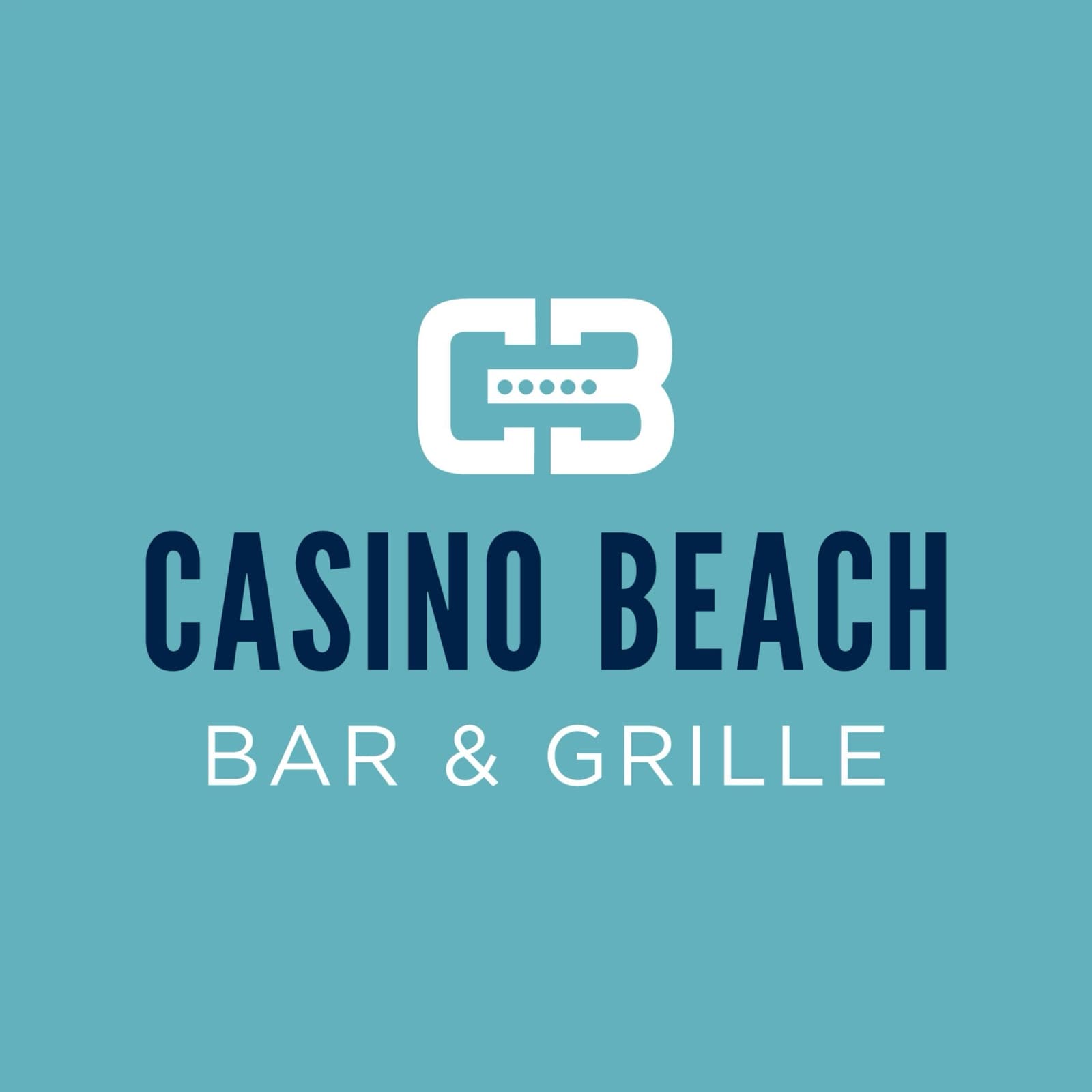 The Casino Beach Bar & Grille logo: a CB monogram with five lights above the wordmark, on aqua