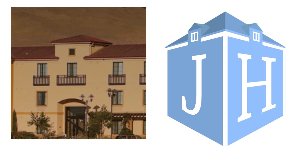 One of the Johnson Hospitality hotels beside the 3D building mark, the J and H set into its two faces
