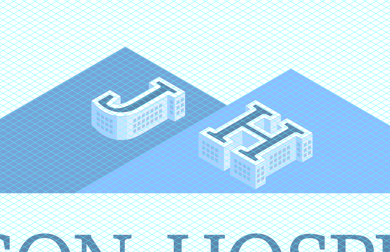 The isometric construction grid behind the valley concept, with the J and H buildings drawn in 3D