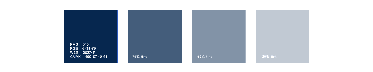 The navy primary color palette: PMS 540 with 75%, 50%, and 25% tints