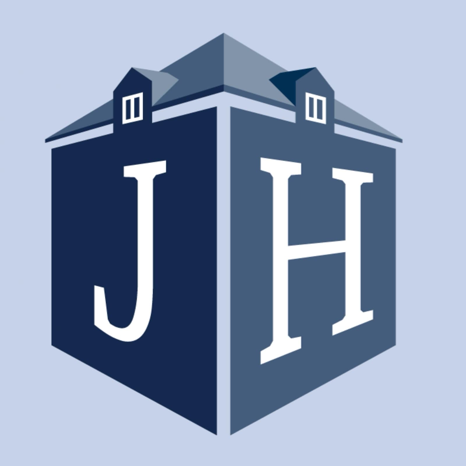 The Johnson Hospitality mark: a navy hotel drawn in perspective with a J and H set into its two faces