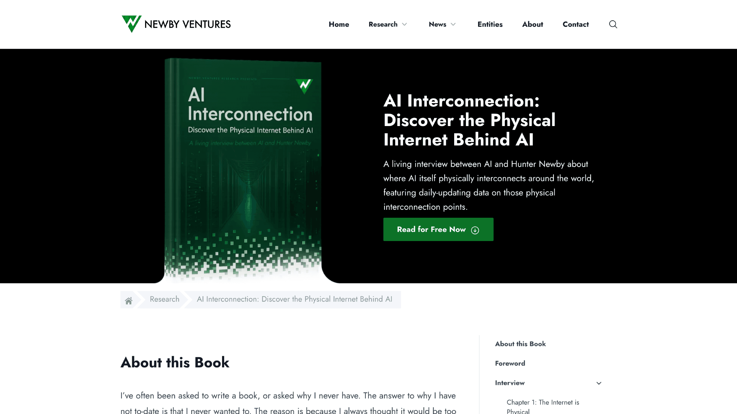 Landing page for the AI Interconnection book, its 3D cover dissolving into pixels at the base
