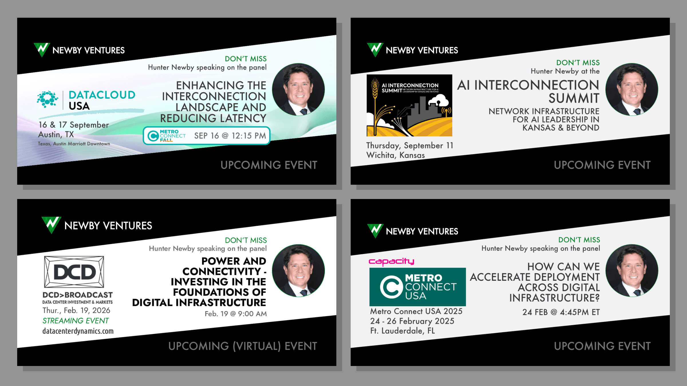 Four event-promotion social templates for DataCloud USA, the AI Interconnection Summit, DCD Broadcast, and Capacity Metro Connect