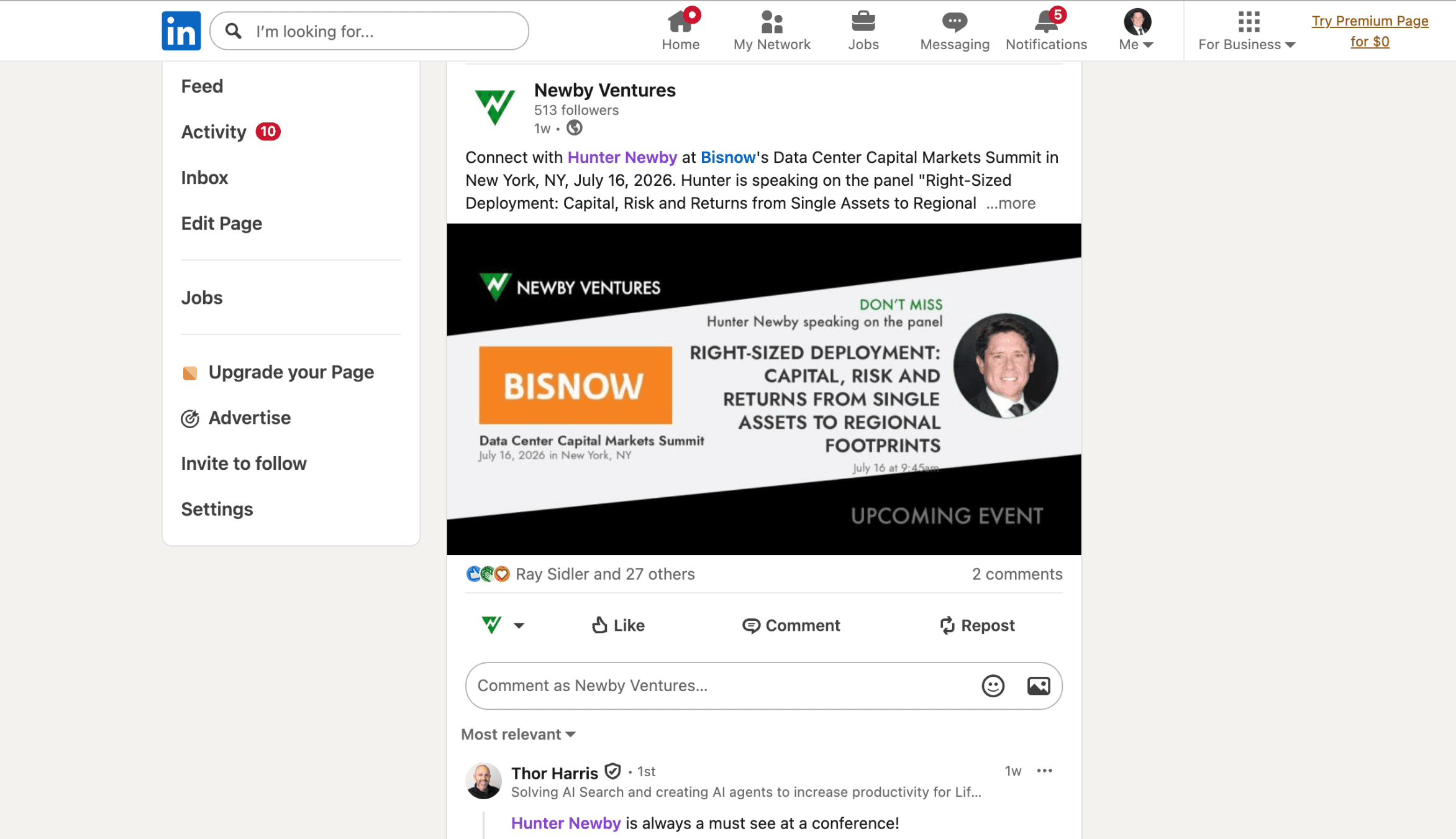 A Newby Ventures LinkedIn post promoting Hunter Newby speaking at Bisnow's Data Center Capital Markets Summit