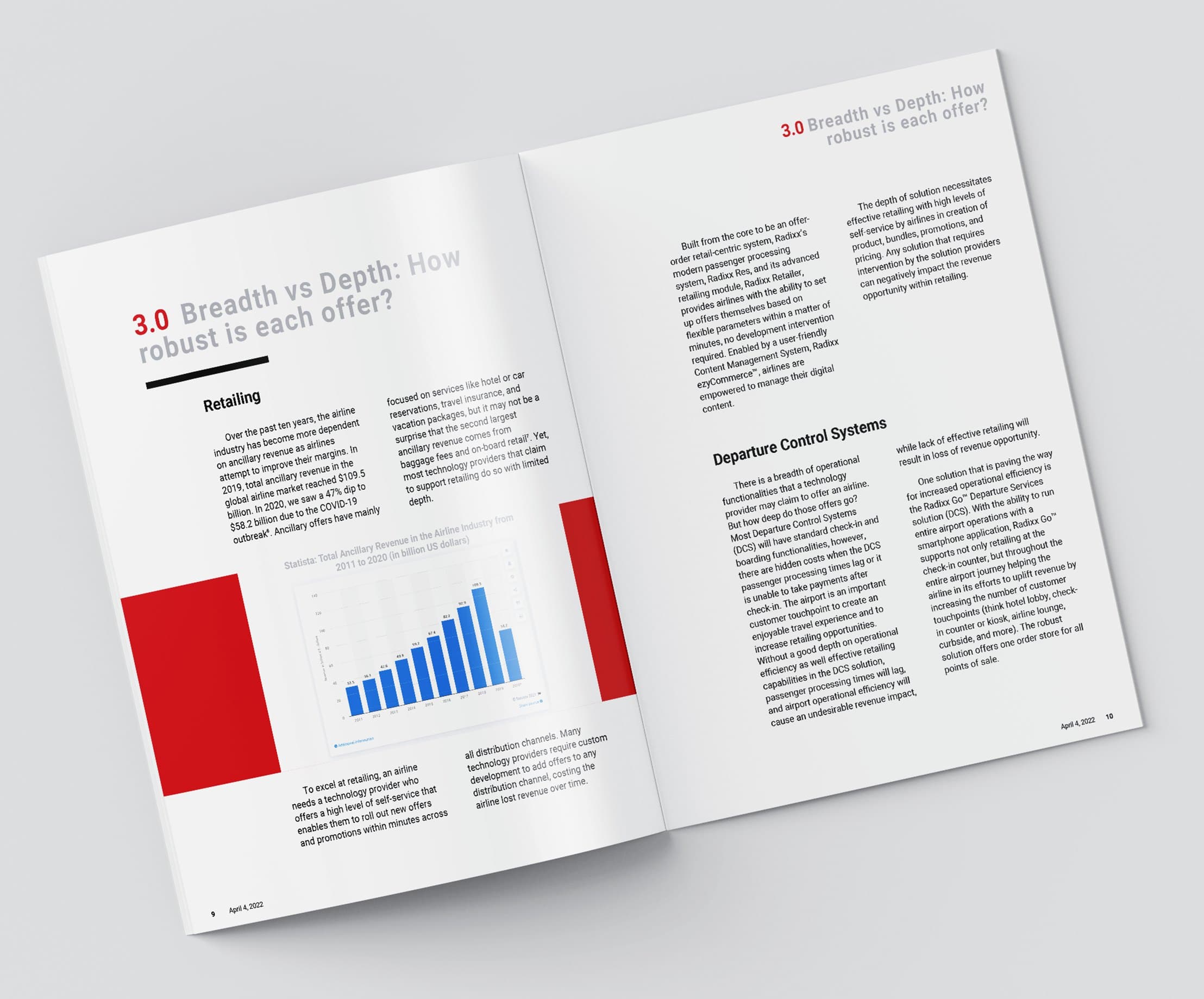 An open Radixx brochure spread with charts comparing platform depth and breadth