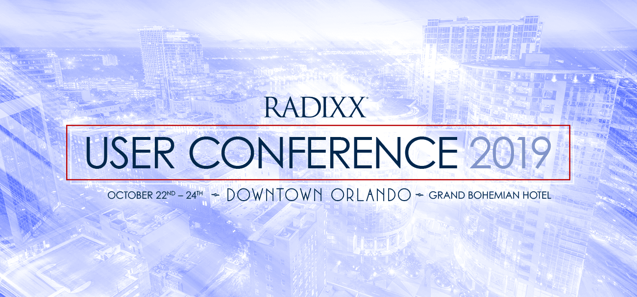 Radixx User Conference 2019 banner over a downtown Orlando skyline