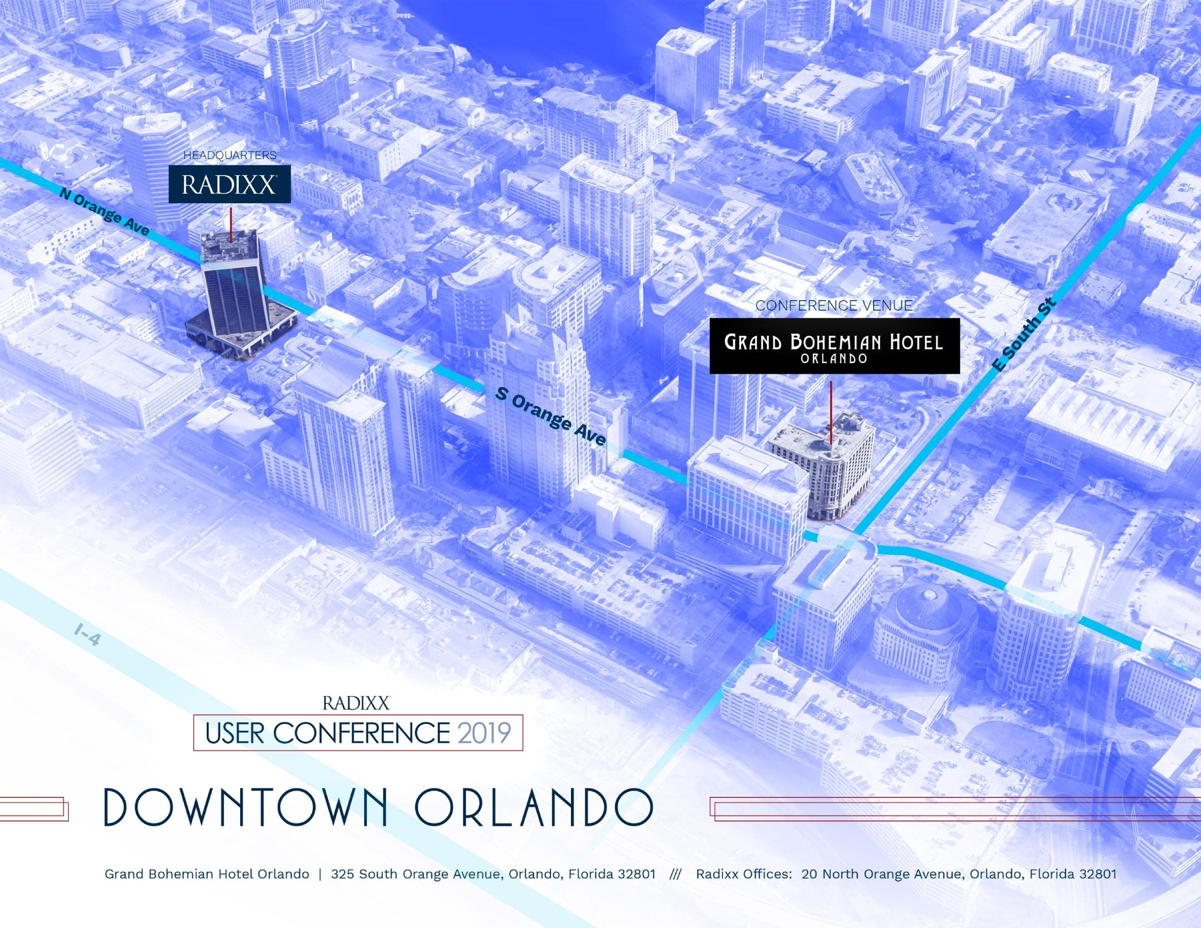Stylized 3D map for the 2019 Radixx User Conference in downtown Orlando