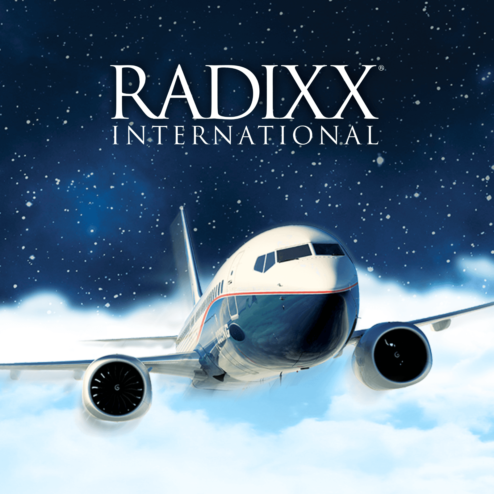 The Radixx International logo over a jet climbing through the clouds at night