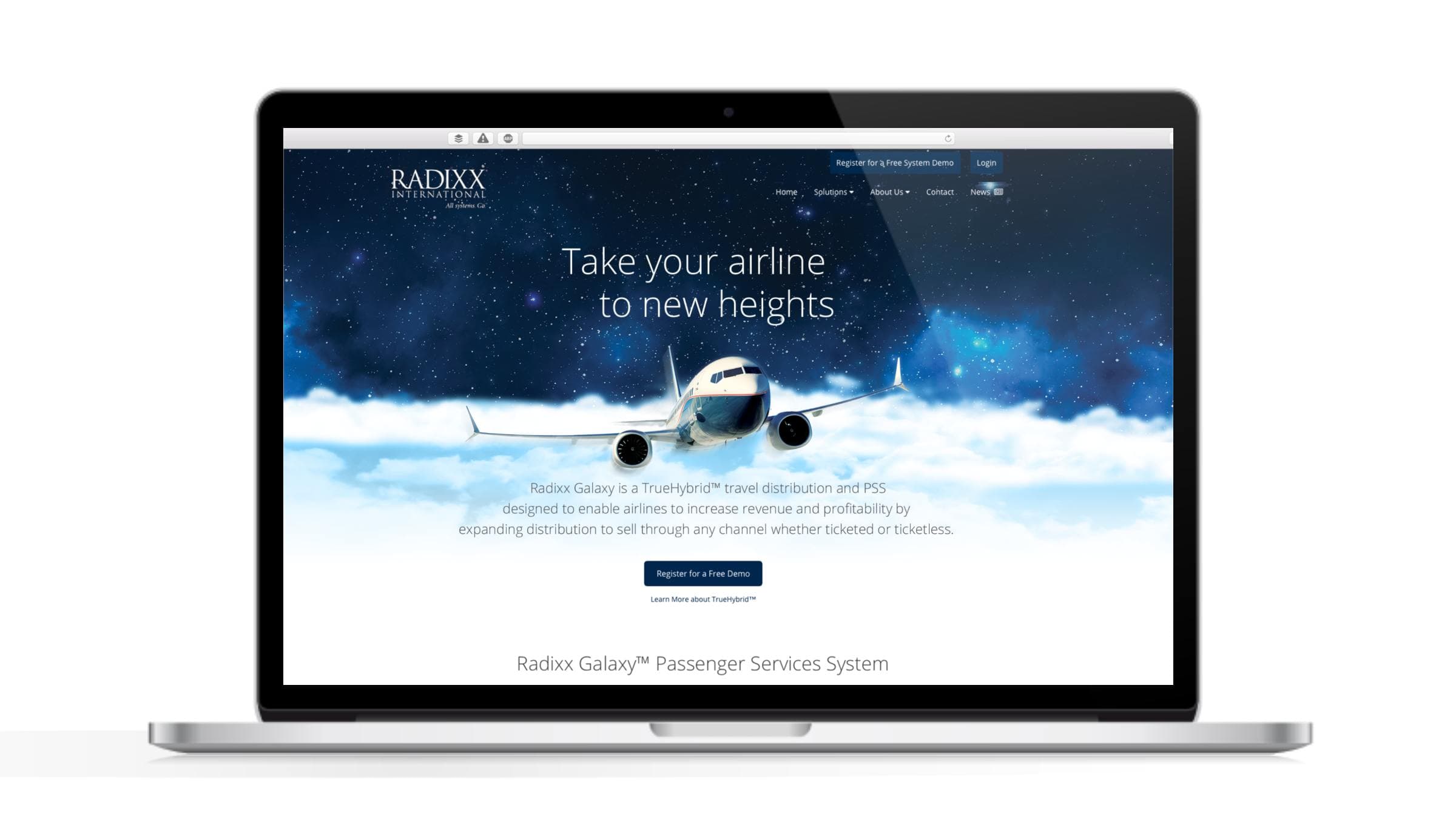 The first Radixx Galaxy website on a laptop, with 'Take your airline to new heights' over a starry blue hero