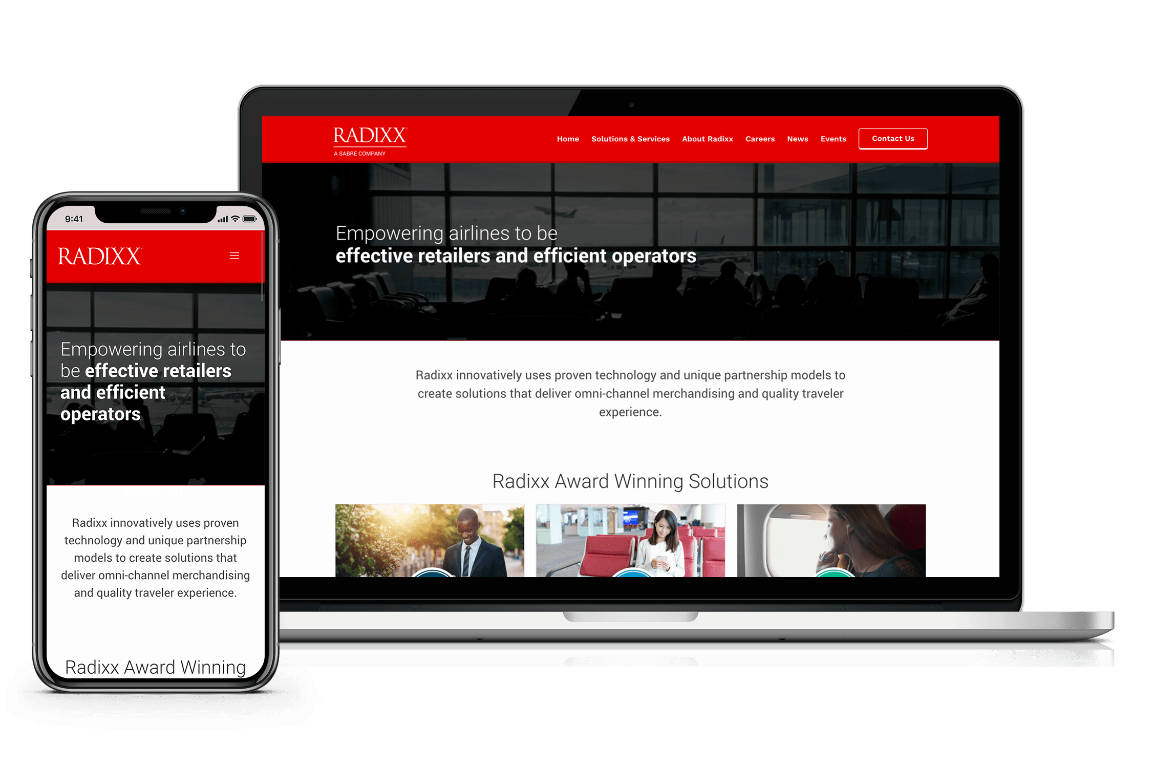A later Radixx website on laptop and phone, its identity shifted toward red