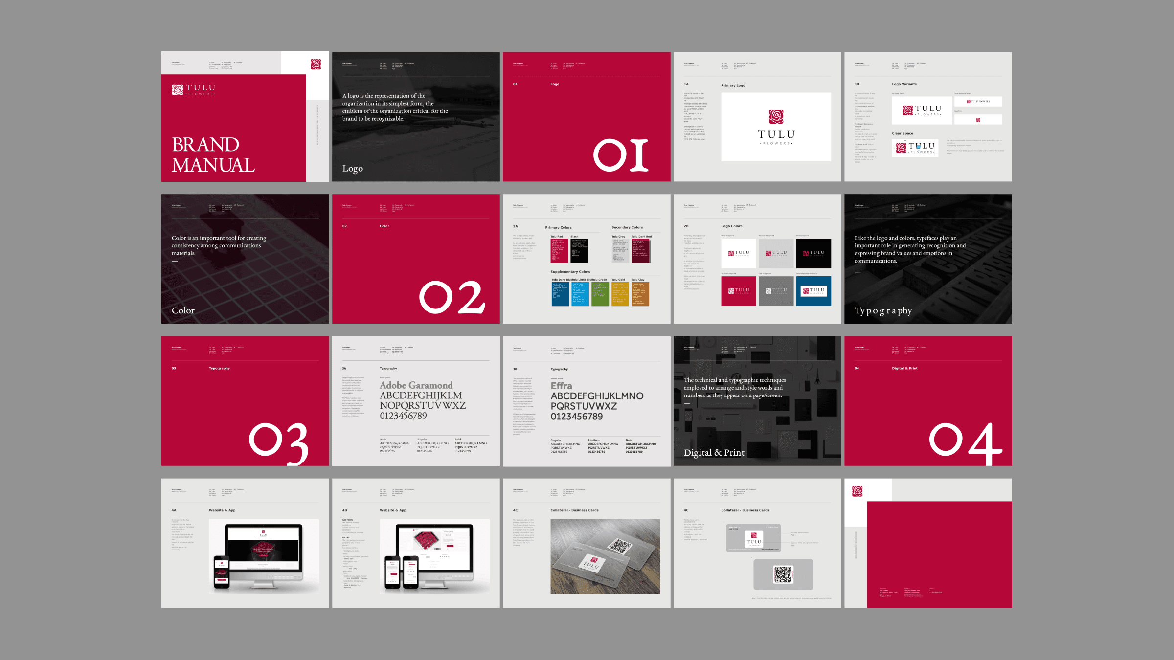 Spreads from the Tulu Flowers brand guidelines: logo, color, typography, and applications