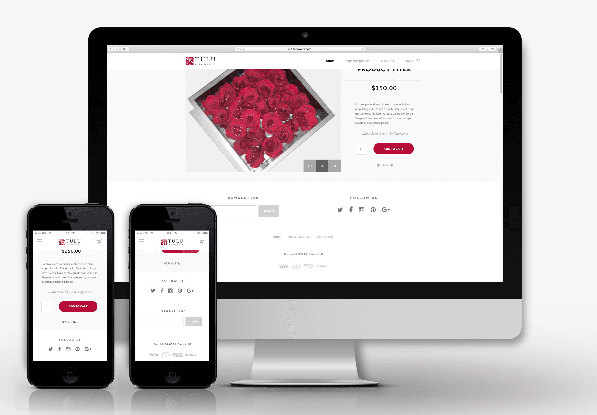 The Tulu Flowers online store on desktop and mobile, featuring a box of red roses