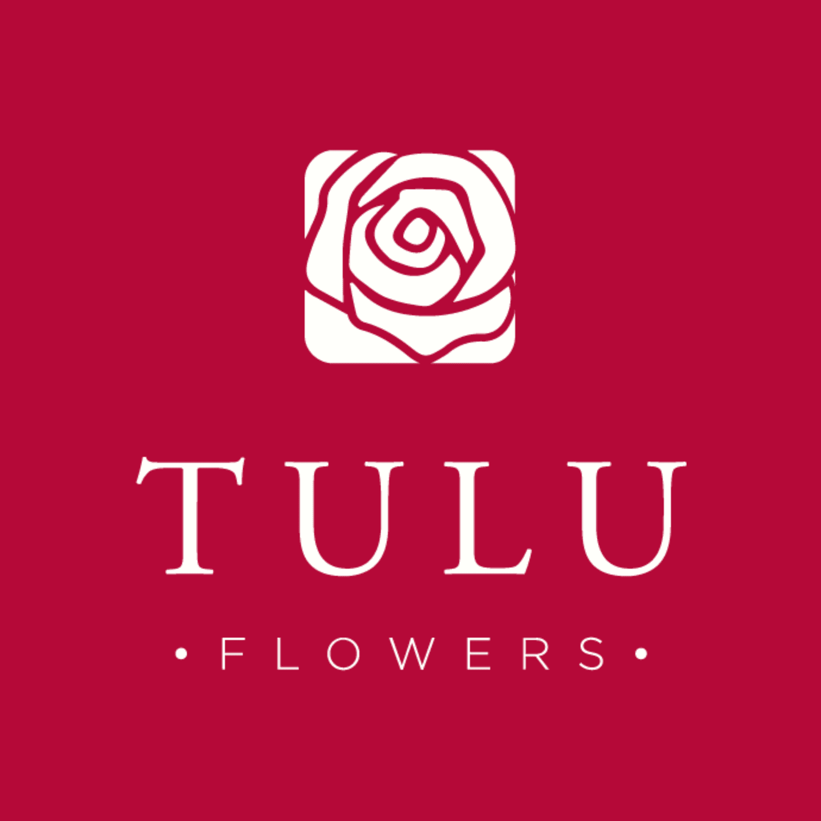 Tulu Flowers logo: a stylized white rose in a rounded square on a crimson field, above the Tulu Flowers wordmark