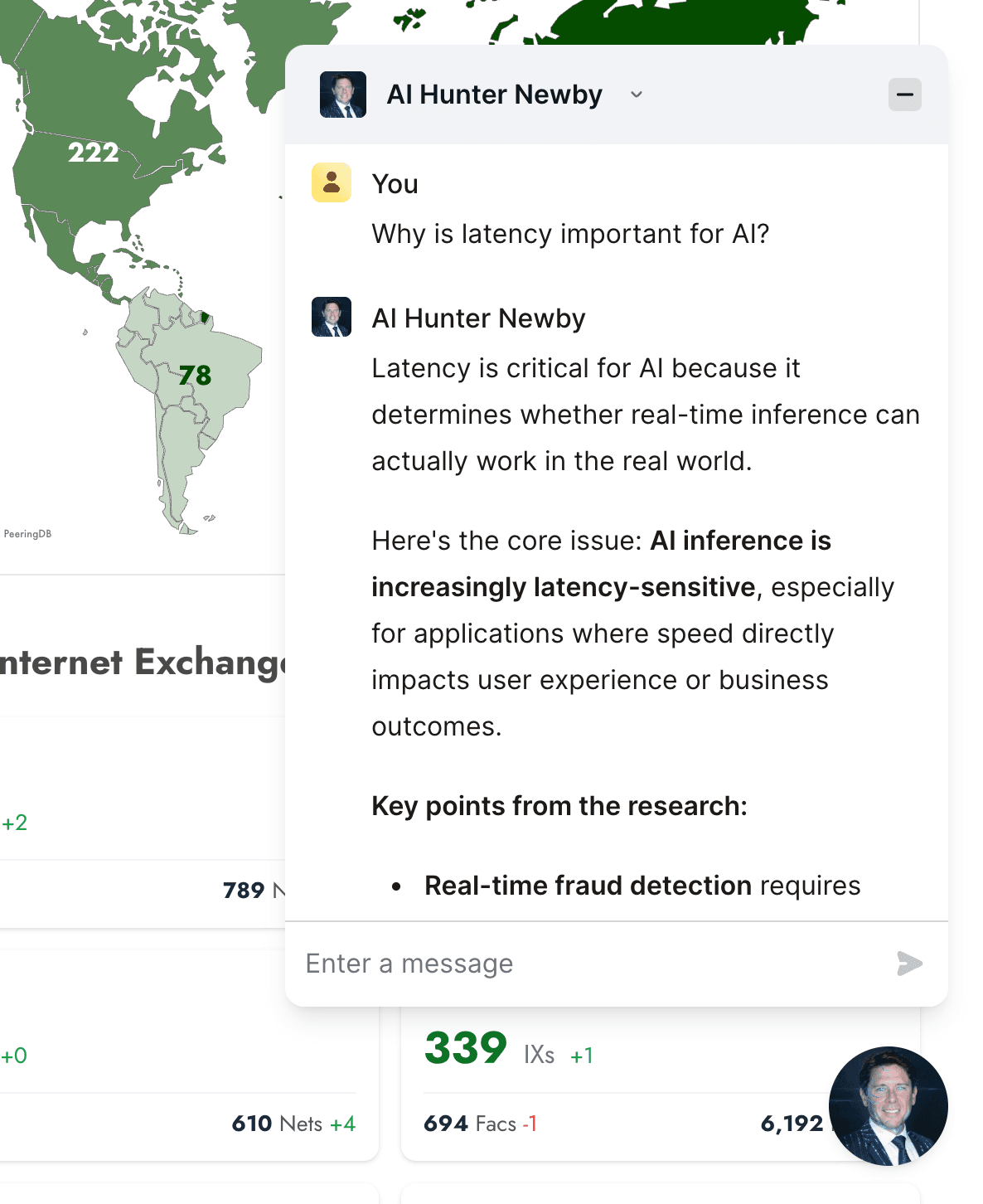The AI Hunter Newby assistant open over the NV Research dashboard, answering a visitor's question about why latency matters for AI with a detailed response drawn from the research
